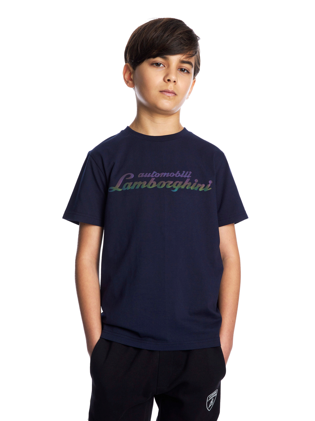 BOY’S RAINBOW EFFECT SCRIPT LOGO T-SHIRT - NAVY BLUE - Lamborghini Store