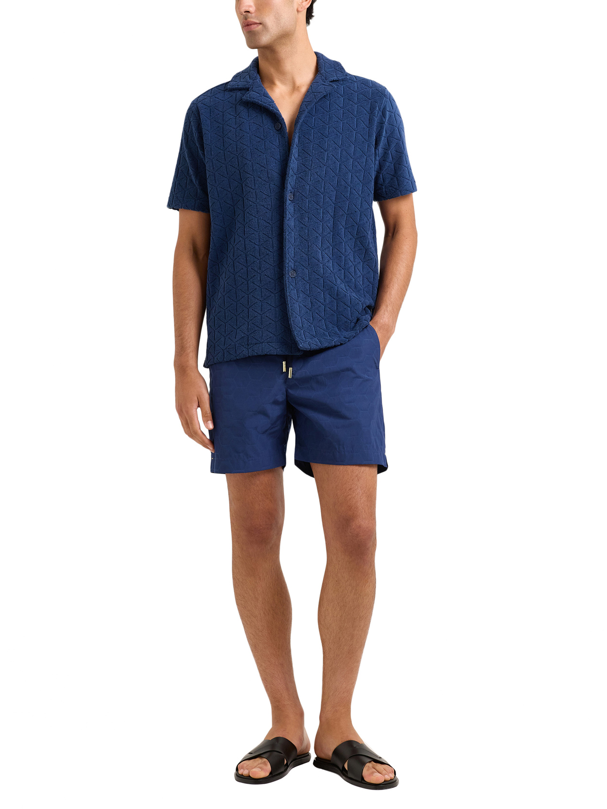 Camicia di cotone con colletto Capri con vestibilità morbida in jacquard Blu Notte Automobili Lamborghini - Lamborghini Store