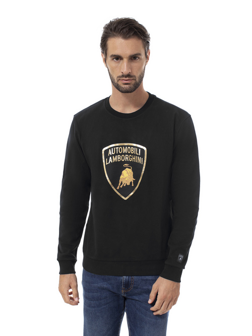 AUTOMOBILI LAMBORGHINI  BLACK CREW NECK SWEATSHIRT WITH LAMINATED SHIELD - 运动衫&针织衫 | Lamborghini Store