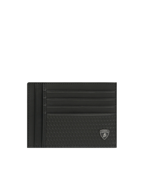 AUTOMOBILI LAMBORGHINI LEATHER CARD HOLDER WITH HEXAGONAL EMBOSSED PATTERN - BLACK - 小皮具 | Lamborghini Store
