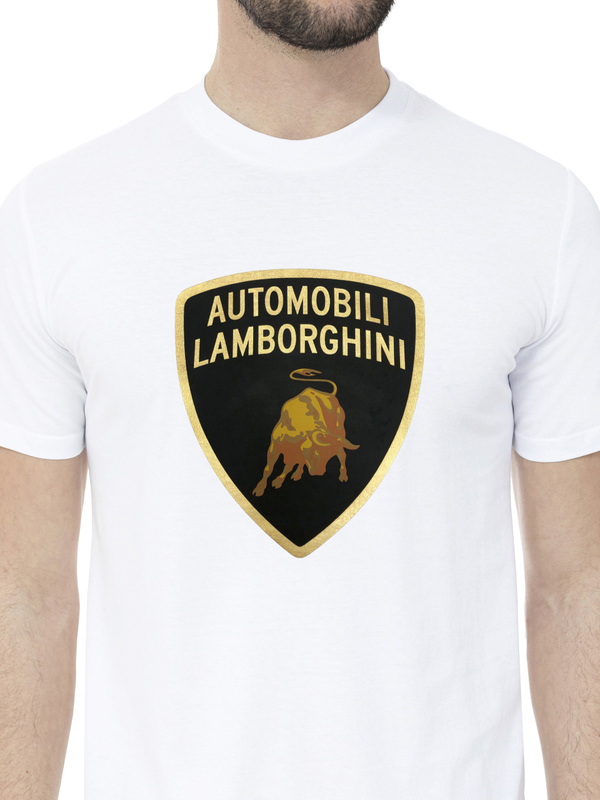 AUTOMOBILI LAMBORGHINI WHITE T-SHIRT WITH LAMINATED SHIELD LOGO - Lamborghini Store