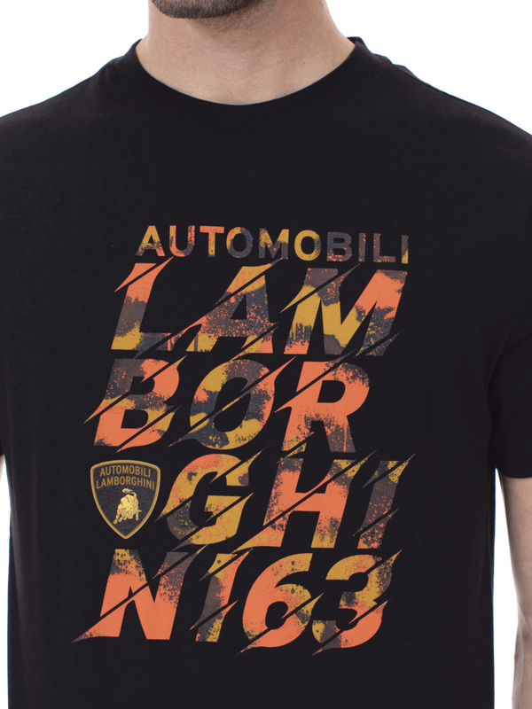 AUTOMOBILI LAMBORGHINI BLACK T-SHIRT WITH MULTICOLOUR DECONSTRUCTED LOGO - Lamborghini Store
