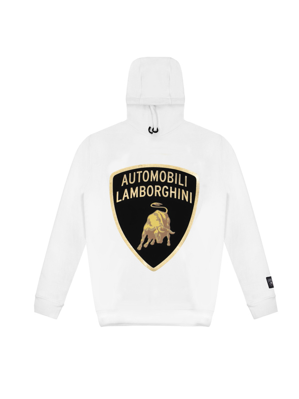 FELPA CON CAPPUCCIO AUTOMOBILI LAMBORGHINI  CON SCUDO LAMINATO - BIANCO - Lamborghini Store
