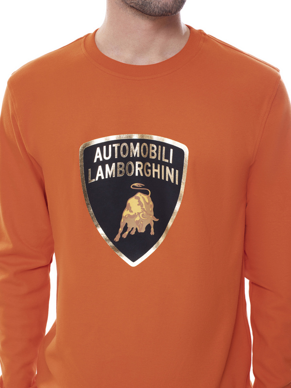 AUTOMOBILI LAMBORGHINI  ORANGE CREW NECK SWEATSHIRT WITH LAMINATED SHIELD - Lamborghini Store