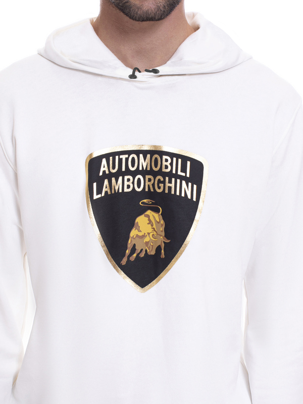FELPA AUTOMOBILI LAMBORGHINI CON CAPPUCCIO E SCUDO FOIL PRINT DETAIL - BIANCO ISI - Lamborghini Store